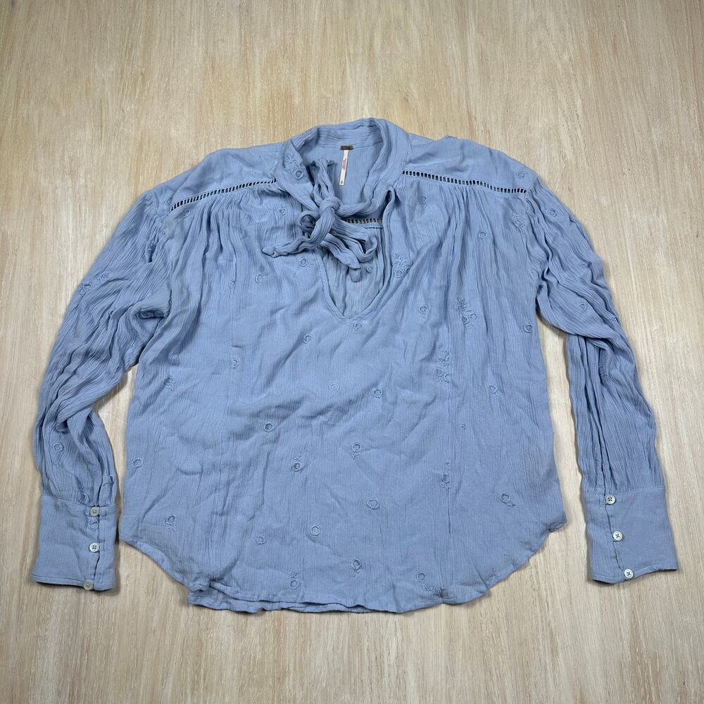 Free People Blue Embroidered Wishful Moments Tie Neck Cottage Core Top Small